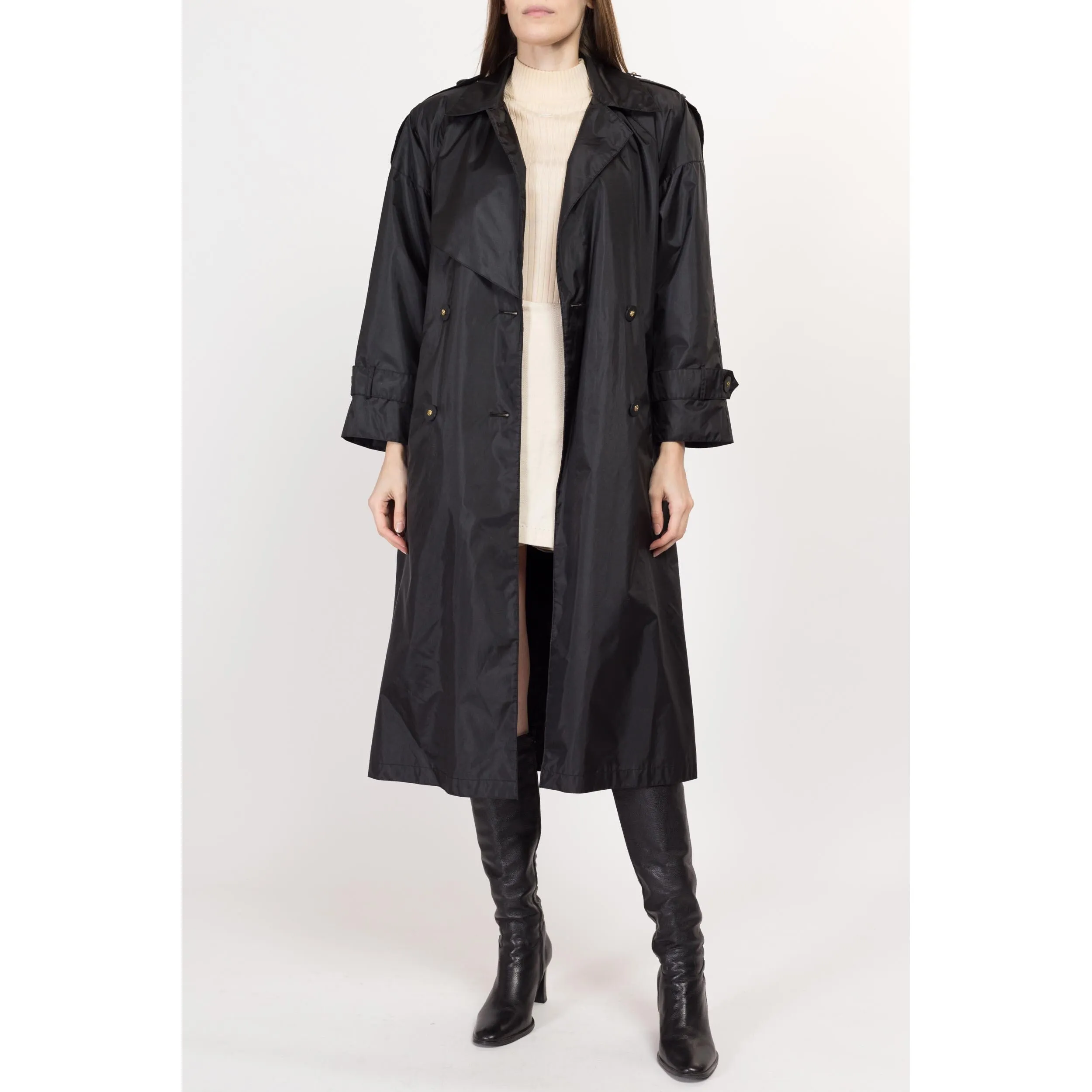 Medium 90s Shiny Black Belted Trench Rain Jacket