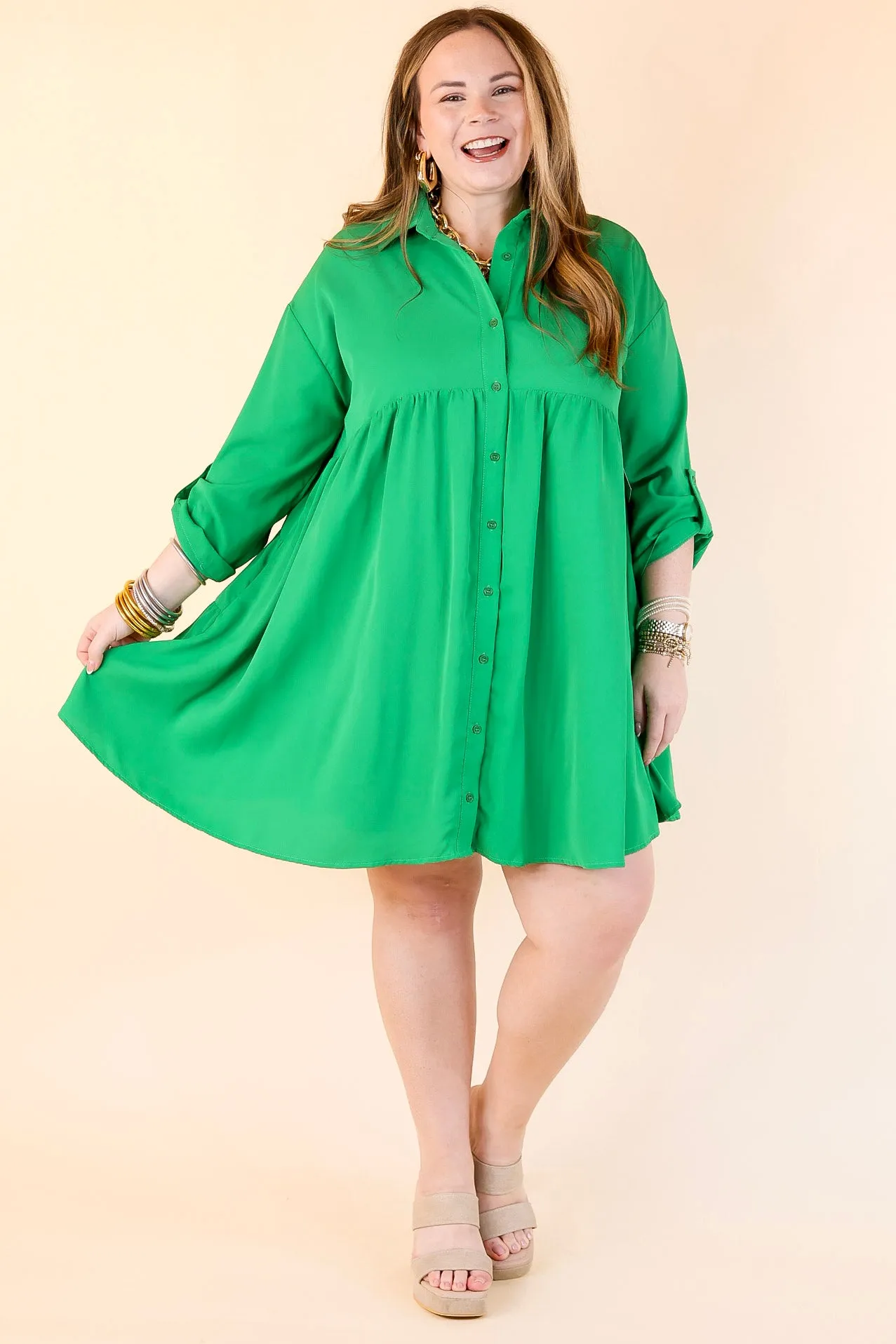 Risky Business Button Up Babydoll Dress in Green